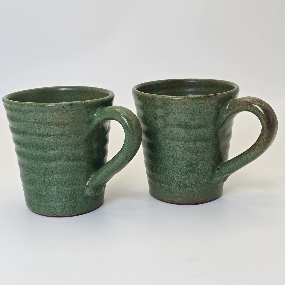 Rackliffe Pottery Blue Hill Maine Green Studio Pottery Mug Pair Signed - Picture 5 of 13